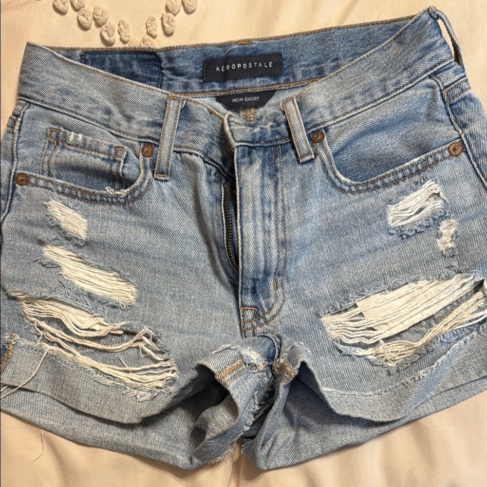 Aeropostale Women's Distressed Denim Shorts - Light Blue